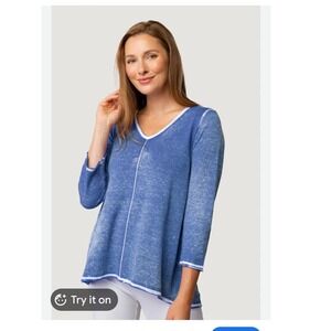 Habitat Clothes To Live In Blue Acid Wash 100% Cotton V-Neck Top 3/4 Sleeve XS